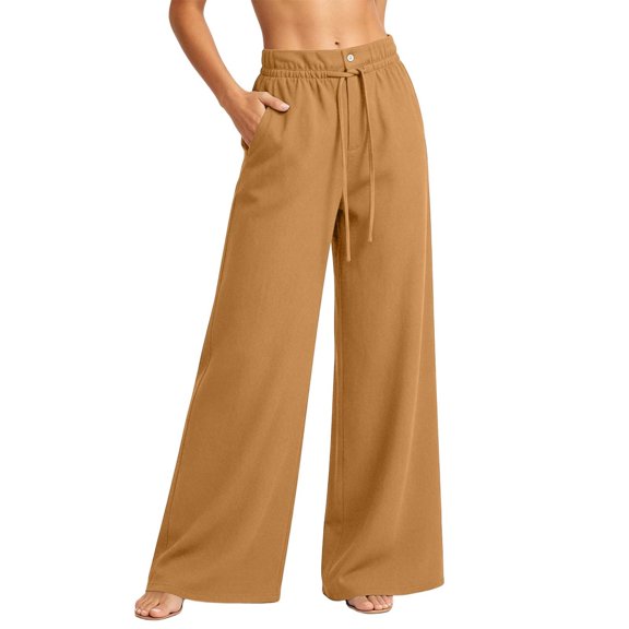 Oiangi Womens Palazzo Pants Drawstring Elastic Waist Flowy Trousers Casual Pockets Dress Basic Pant for Summer Holiday Khaki 2XL