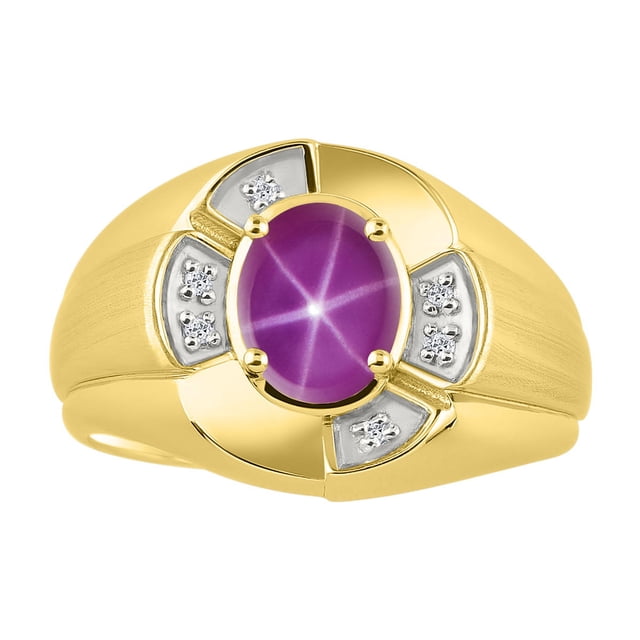 RYLOS Yellow Gold Plated Silver Ring 8X6MM Oval Gemstone & Diamond Unisex Rings Star Ruby July Birthstone Ring Size 13