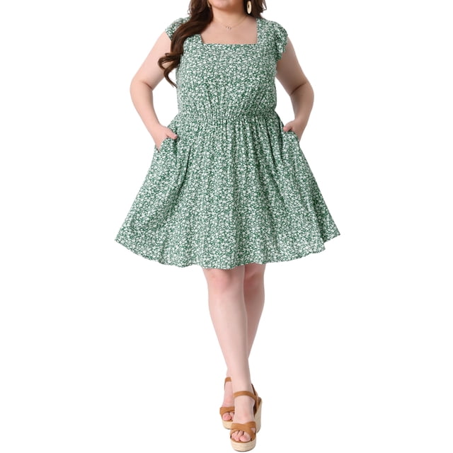 Vestido de verano midi casual de mujer plus size Agnes Orinda para Pascua, con estampado floral, lazo en la espalda, escote cuadrado y mangas cortas con volantes, color verde claro 3X