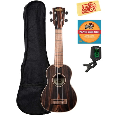 Kala KA-EBY-S Striped Ebony Soprano Ukulele Bundle with Gig Bag, Tuner, Austin Bazaar Instructional DVD, and Polishing Cloth