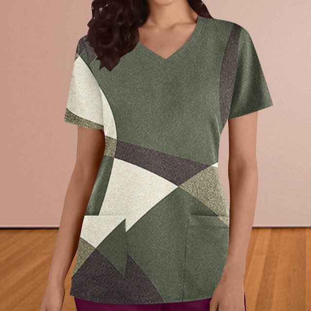 Soki Womens Plus Scrubs V-Neck Print Short-Sleeved Pocket Nurse Tops on Clearance