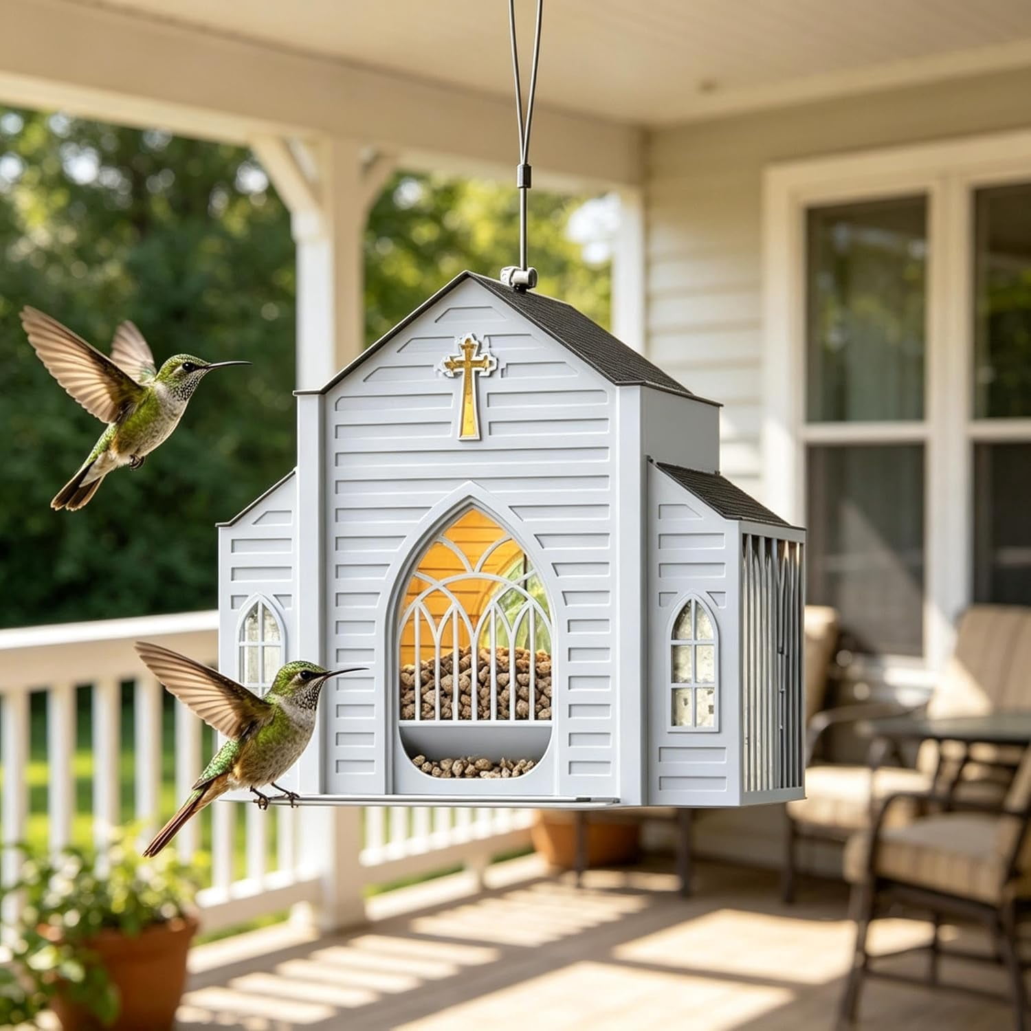 Solar Bird Feeders for Outdoors Hanging Church Shaped Metal Birdfeeder with Solar Light Wild Bird Feeders for Garden Home Decor