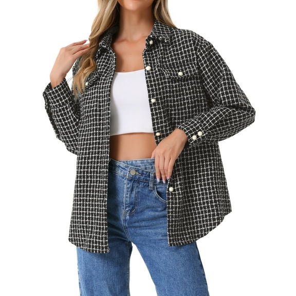 DARING DIVA Women's Plaid Jacket Tweed Button Down Loose Winter Shacket XS Black