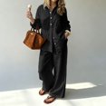 thumbnail image 6 of Linen Blend Long Sleeve Button Down Set for Women, Notched Collar Shirt & Wide Leg Pants - Casual Solid Color Two Piece Lounge Outfit with Pockets Black L, 6 of 6