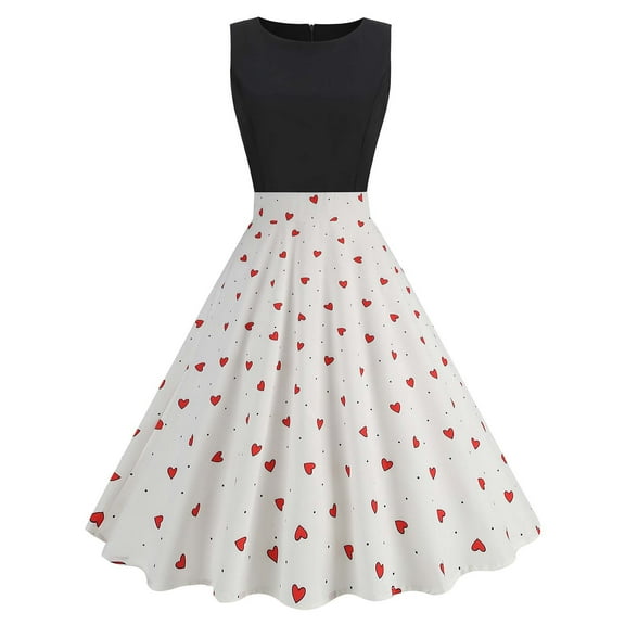 Wycnly Summer Dresses for Women Womens Summer Dresses Wedding Guest Empire Waist Pleated Swing Formal Tank Midi Dress Womens Elegant Heart Print Round Neck Sleeveless Knee-Length Sundresses