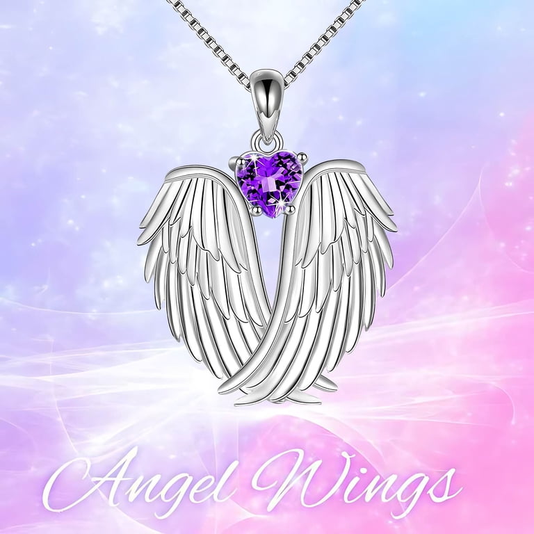 925 Sterling Silver Crystal Angel Wing Pendant Necklace – Purple & Silver – Cubic Zirconia – Women's Gift