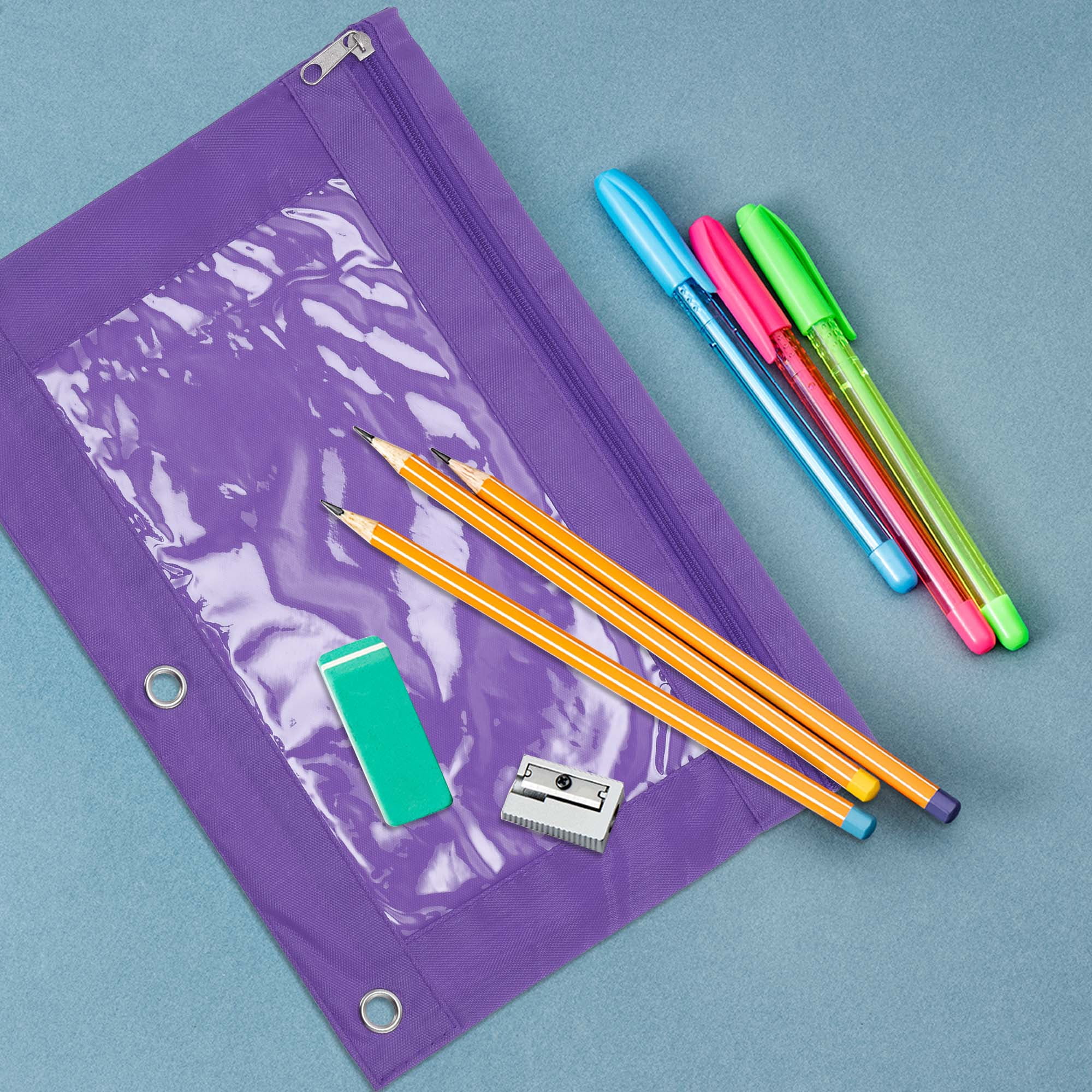 Unique Bargains Pencil Case for 3 Ring Binder, Double Layer, Smooth Zipper Purple