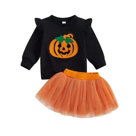GYRATEDREAM Toddler Baby Girls Halloween Outfit Ruffle Long Sleeve Pumpkin Letter Embroidery Sweatshirt Top Tulle Dress Mini Skirt 2Pcs Sets Kids Fall Clothes for 12 Months-5 Years Black Purple