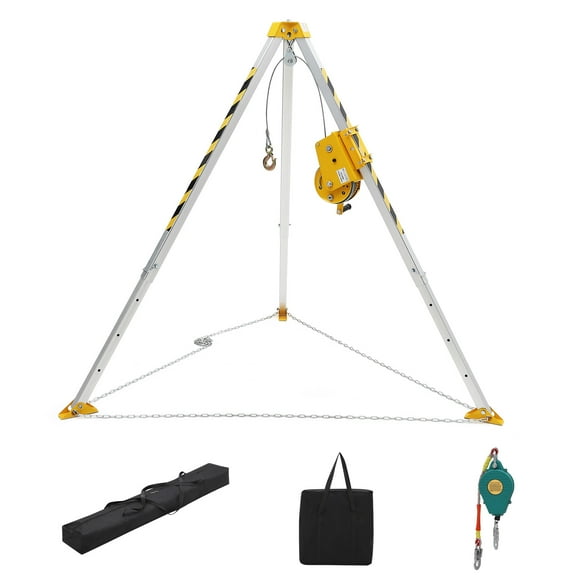 Confined Space Rescue Tripod Kit with 1200lbs Winch, 7ft Legs, 98ft Cable, Steel Construction, 33ft Fall Arrestor and Storage Bag