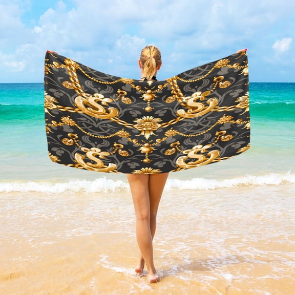 Ryvnso Vintage Gold Dollar and Chain Oversized Beach Towel Microfiber Bath Blankets Swimming Fitness 37" x 74"