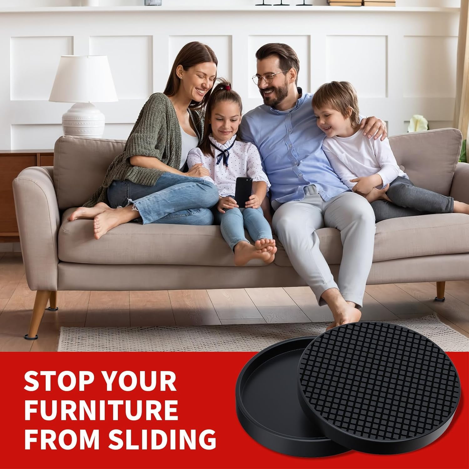 3.5 Inch Non Slip Rubber Furniture Pads for Hardwoods Floors, 16 Pack Round Non Skid Furniture Caster Cups Coasters, Furniture Feet Floor Protectors for Bed Couch Stoppers to Prevent Sliding (Black)