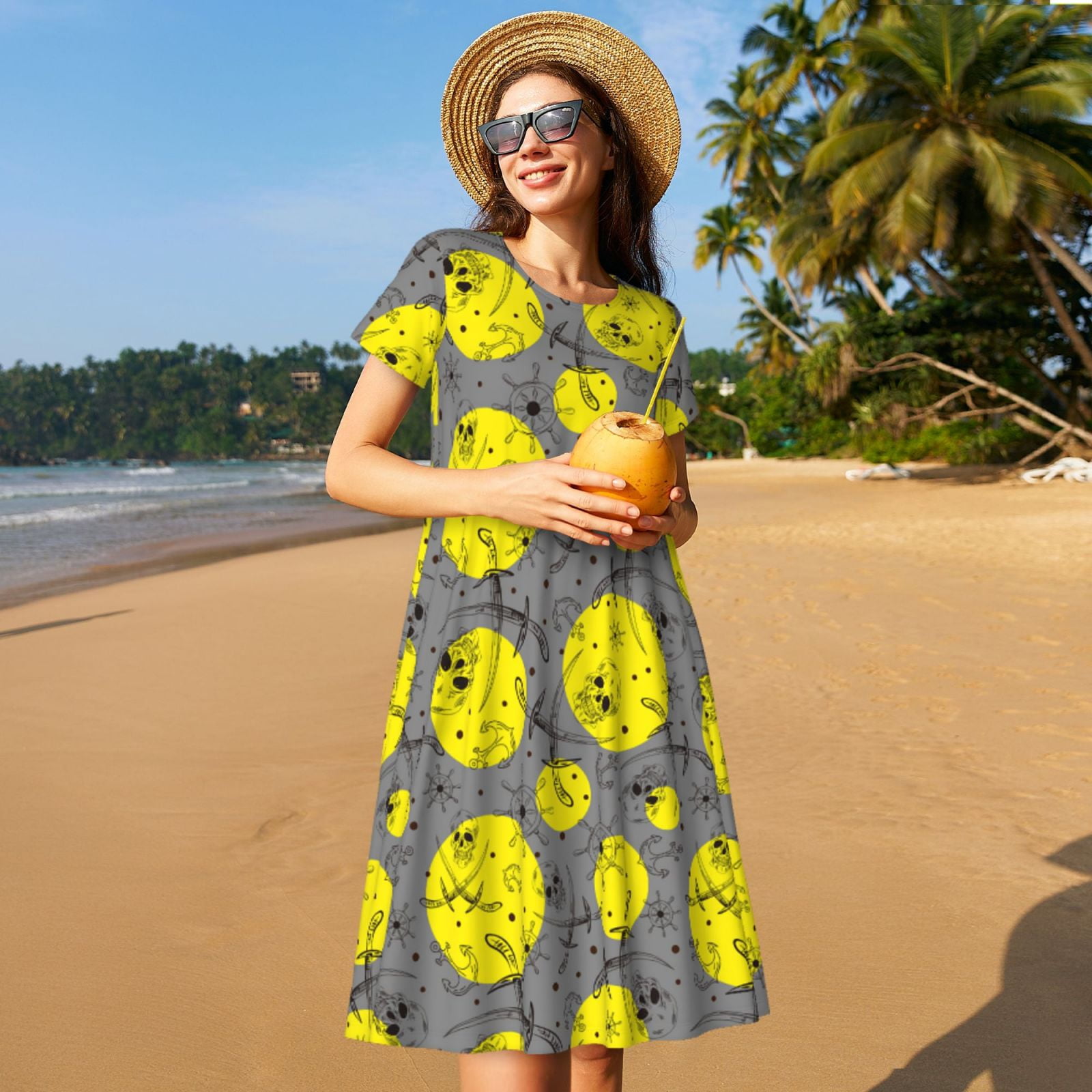 Logiee Pirate Skulls Print Womens Summer Dress,Casual Short Sleeve Sundresses,Beach A-line Shift Dress with Pockets