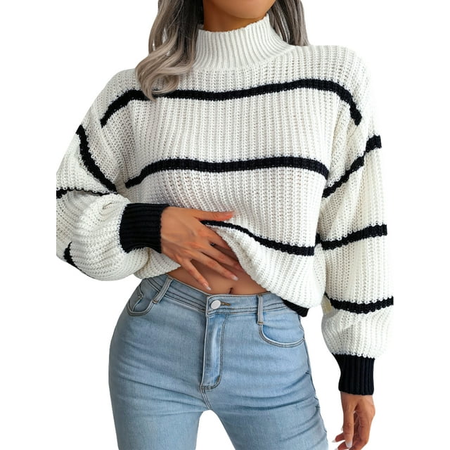 ZAXARRA Pull Col Roulé Ample pour Femmes Manches Longues Rayé Printemps Automne Mode Urbaine