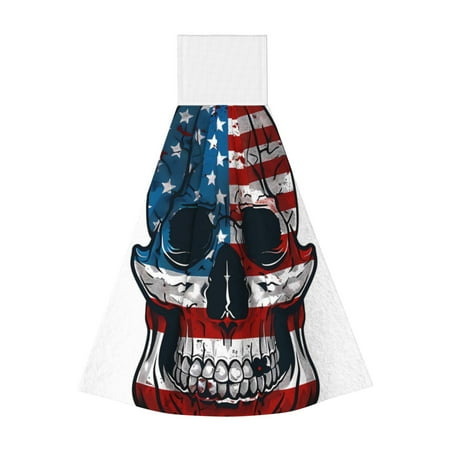 

Qekee American Flag Skull Print Hanging Kitchen Towels Coral Velvet Wipe Hand Towel Absorbent Hand Towels Microfiber Tie Towel for Bathroom Kitchen Decor