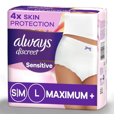 Always Discreet Underwear for Sensitive Skin, Maximum Plus Absorbency, L, Fragrance-Free, 14 Ct