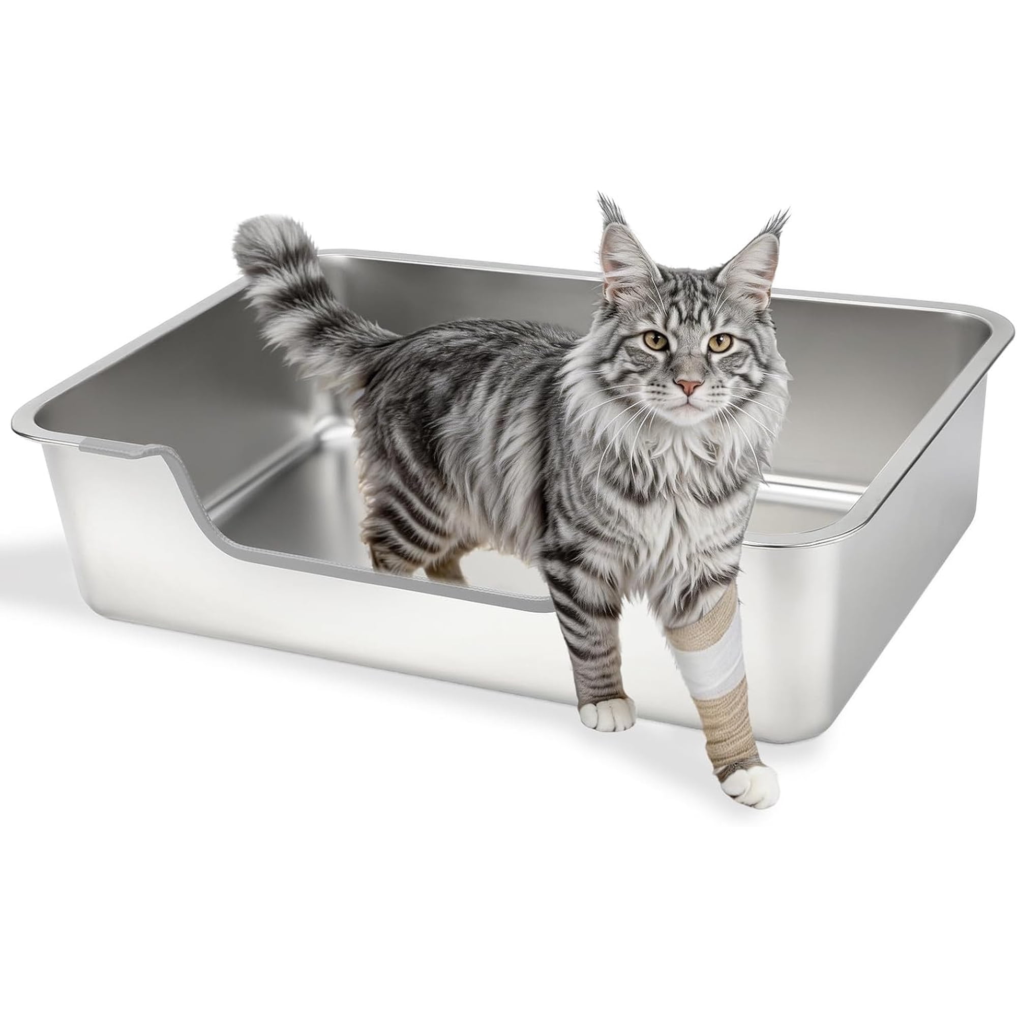Low Entry Thickened Stainless Steel Cat Litter Box, 23.6x15.8