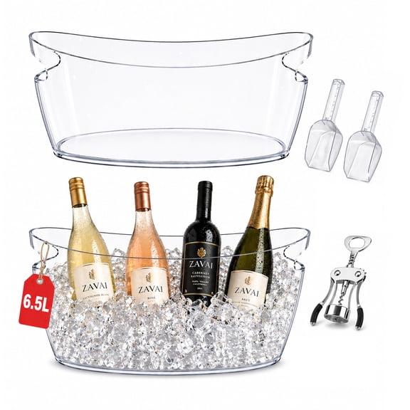 Induslyfe 6.5L Ice Bucket Set for Parties, 2 Clear Beverage Tubs with Ice Scoops and Bottle Opener, Plastic Drink Cooler for Beer Wine Champagne