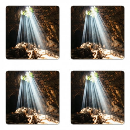 

Nature Coaster Set of 4 Sunbeams to a Natural Cave into a Hole Rock Formations Outdoorsy Hiking Photo Square Hardboard Gloss Coasters Standard Size Brown and Beige by Ambesonne