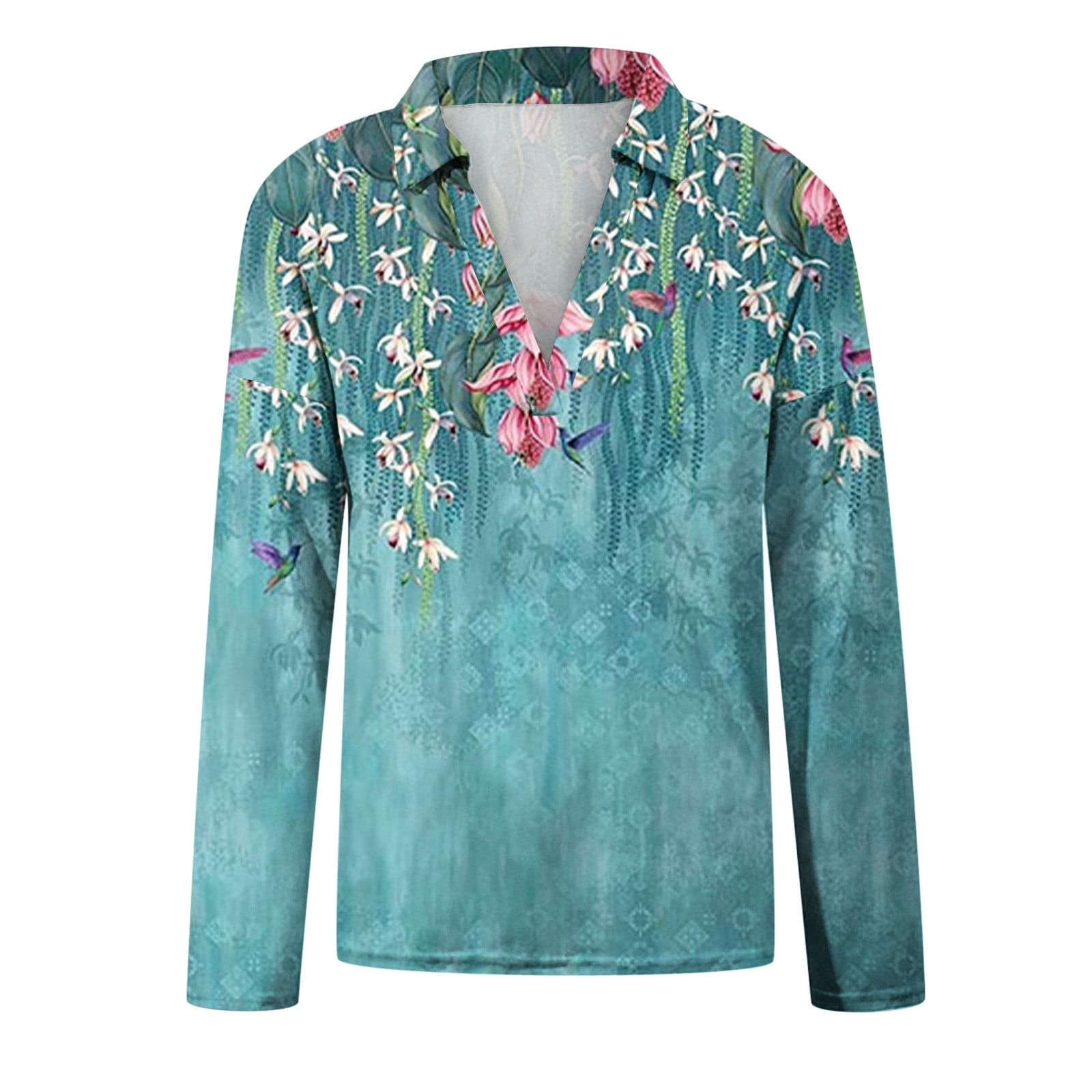 Women's Fashion Casual Long Sleeve V Neck Floral Print Pullover Top Plus Size Blouses Shirt Dressy for Fall