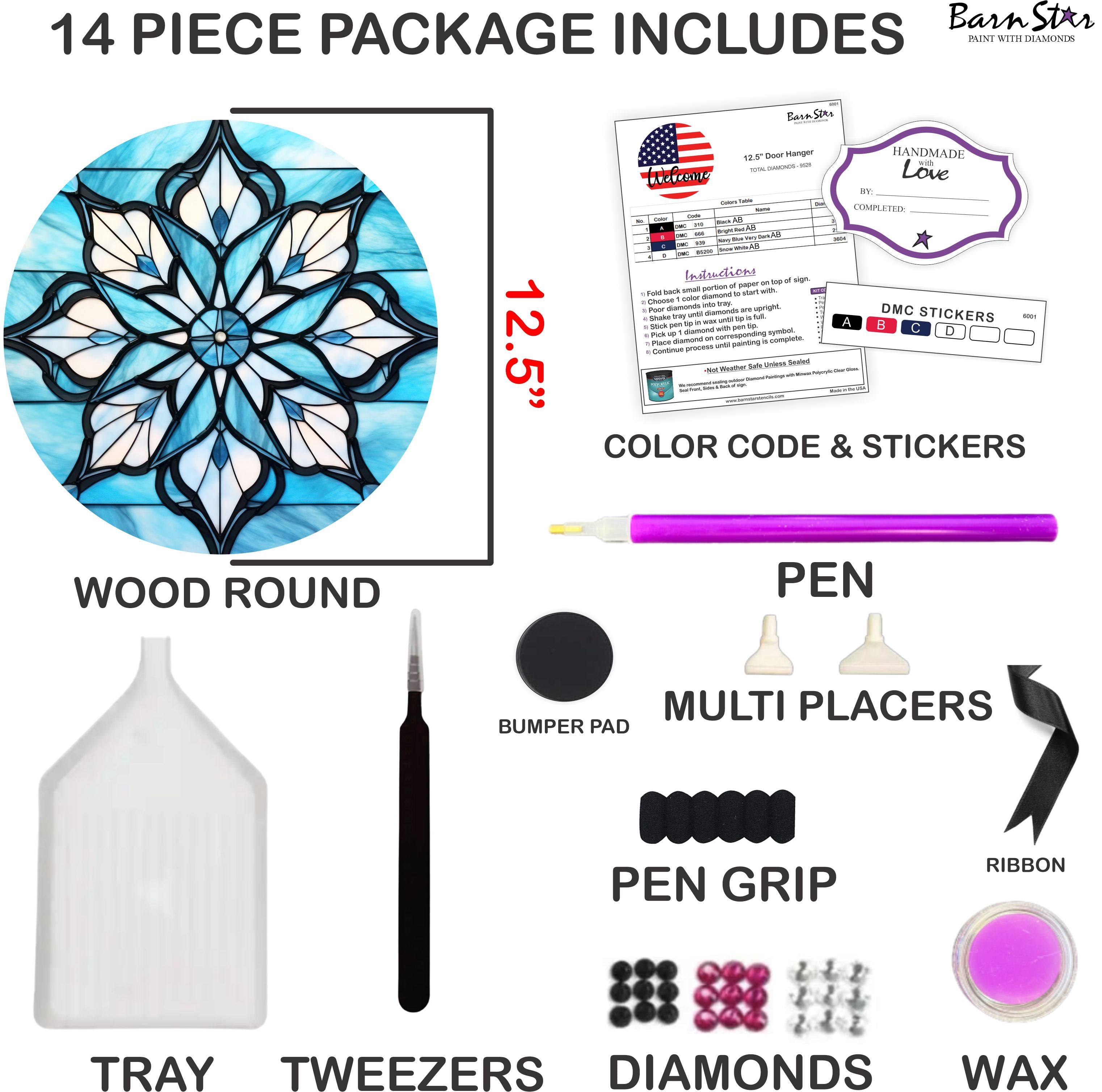 Diamond Art Painting Kit, Door Hanger Sign, 14 Piece Set, Christmas Snowflake Design