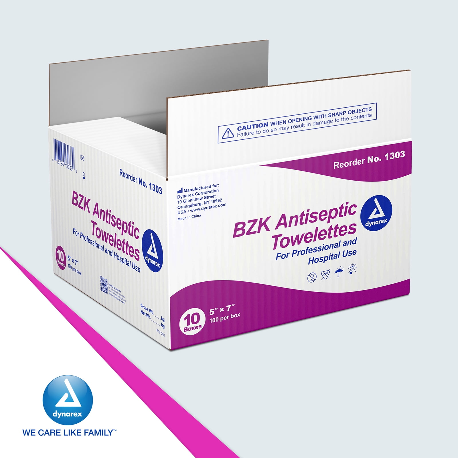 Dynarex BZK Antiseptic Towelettes, Moist Sanitizing Towelettes Designed to Protect Minor Wounds, 5" x 7", Disposable & Individually Wrapped, 1 Case - 10 Boxes of 100 Towelettes