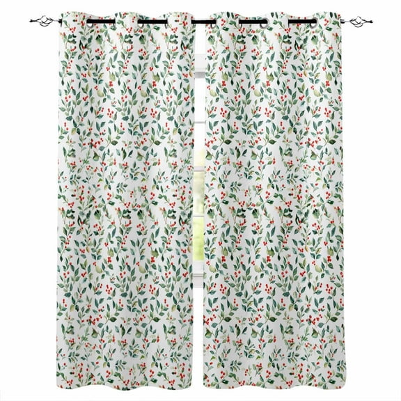 Hokiten Green Botanical Christmas Blackout Curtains | Light Blocking Print Window Curtains, Watercolor Xmas Berry Red Thermal Insulated Window Drapes for Living Room Kitchen (2 Panels, 104"W x 72"L)