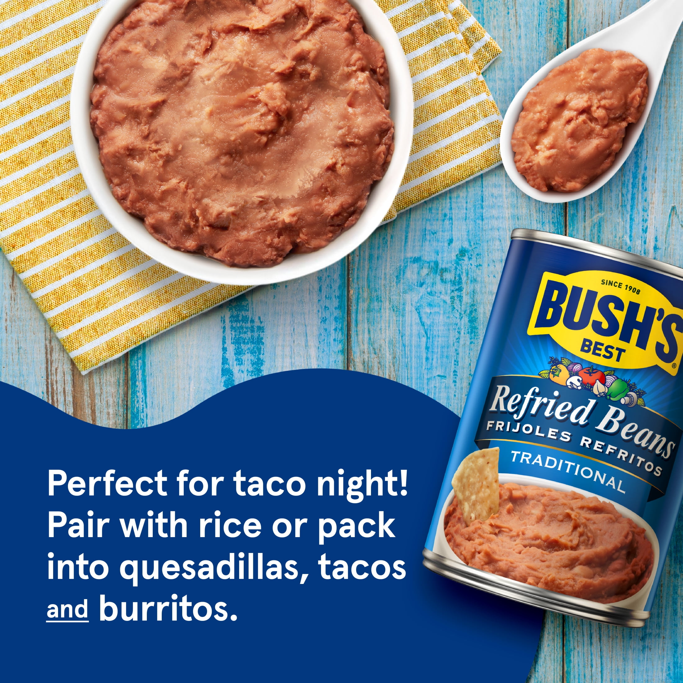 (12 pack) Bush's Traditional Refried Beans, Canned Mashed Pinto Beans, 16 oz Can
