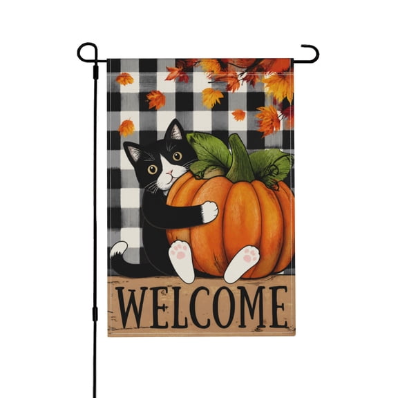 Welcome Fall Tuxedo Cat With Pumpkins and Maple Leaves Garden Flag Buffalo Plaid Farmhouse Thanksgiving Outdoor Decor 12x18 in