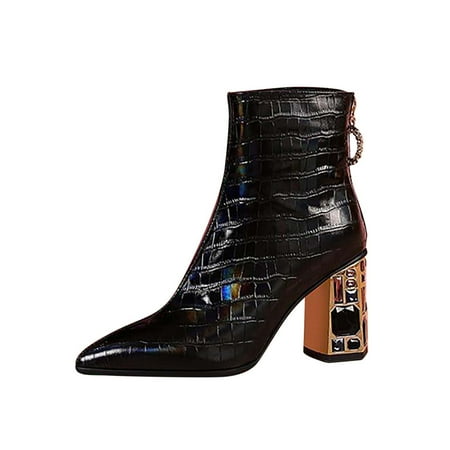 

KBKYBUYZ Autumn Fashion Ladies Pointed Toe Short Tube Rhinestone High Heel Side Zipper Fashion Boots Leather Boots