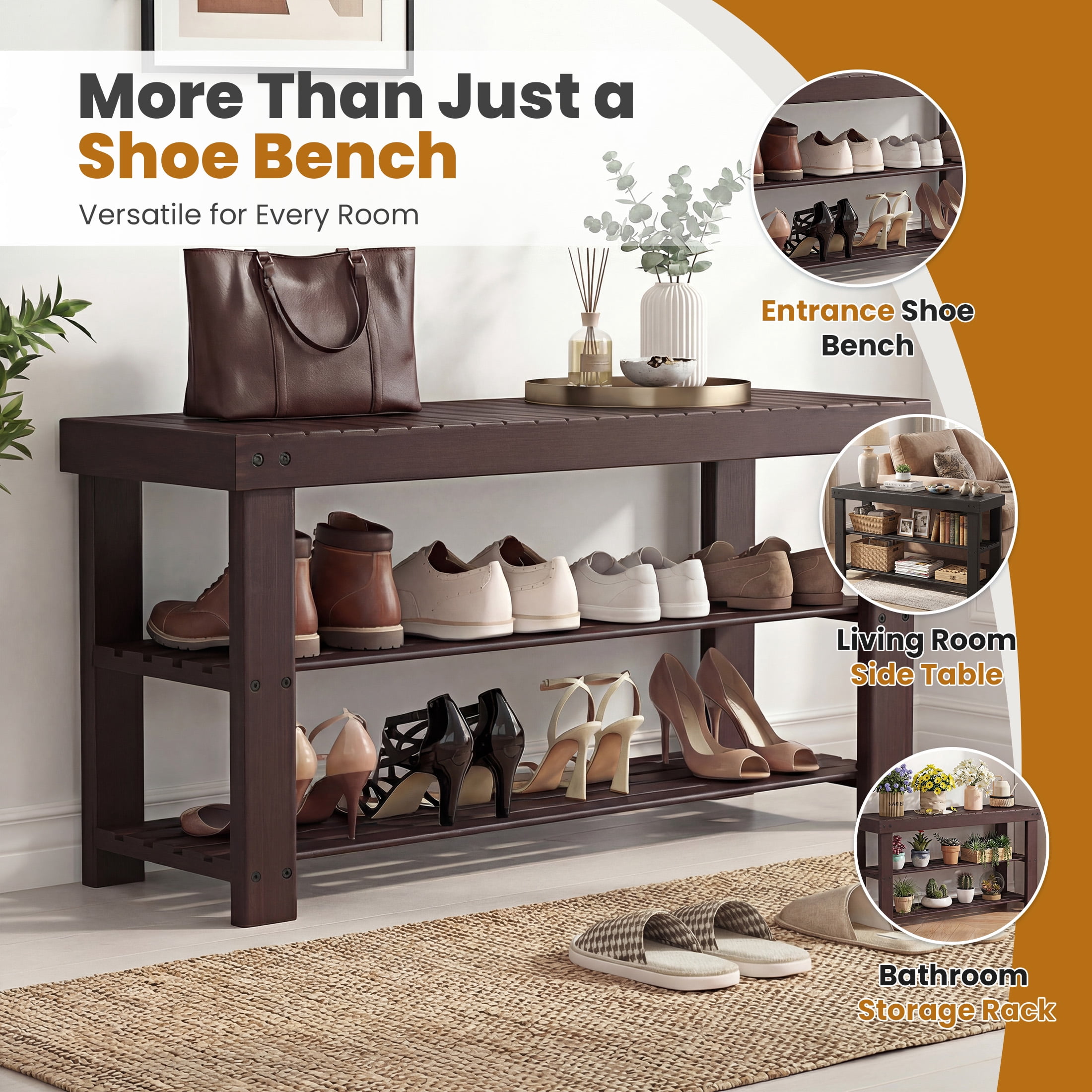 CONCETTA 27-In Bamboo Shoe Rack & Bench, 3-Tier 280 lb Capacity Storage Organizer for Entryway, Living Room, Balcony, Brown