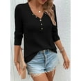 thumbnail image 3 of Women'S Long Sleeve Waffle Knit Shirts Dressy Casual Loose Button Up V Neck Henley Tops Fall Basic Tee Blouse Black XL, 3 of 5