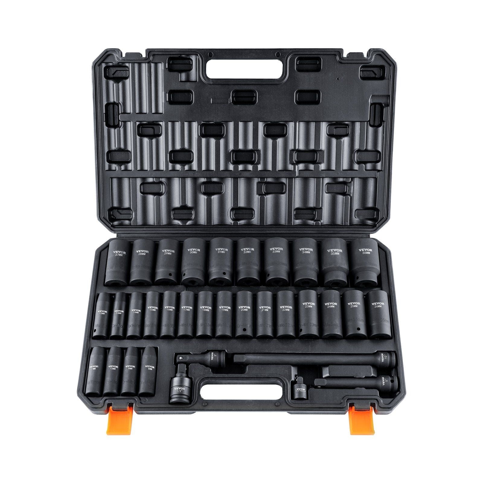 1/2" Drive 34-Piece Deep Impact Socket Set, Metric (8-36mm) 6-Point Cr-MO Steel for Auto & Truck Repair, Heavy-Duty Case Included