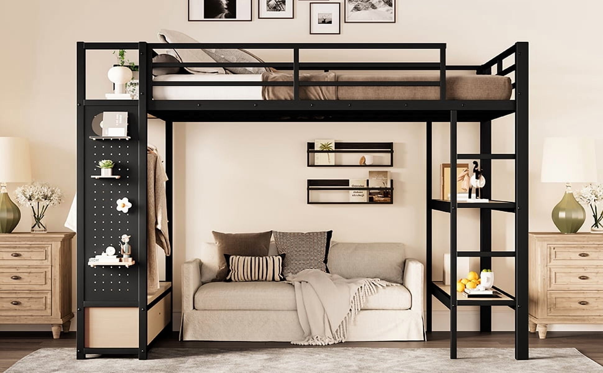 Mintazer Full Size Loft Bed with Pegboard and Wardrobe, Metal Platform Storage Bed with 2 Drawers & 4 Shelves for Bedroom Dorm, Black