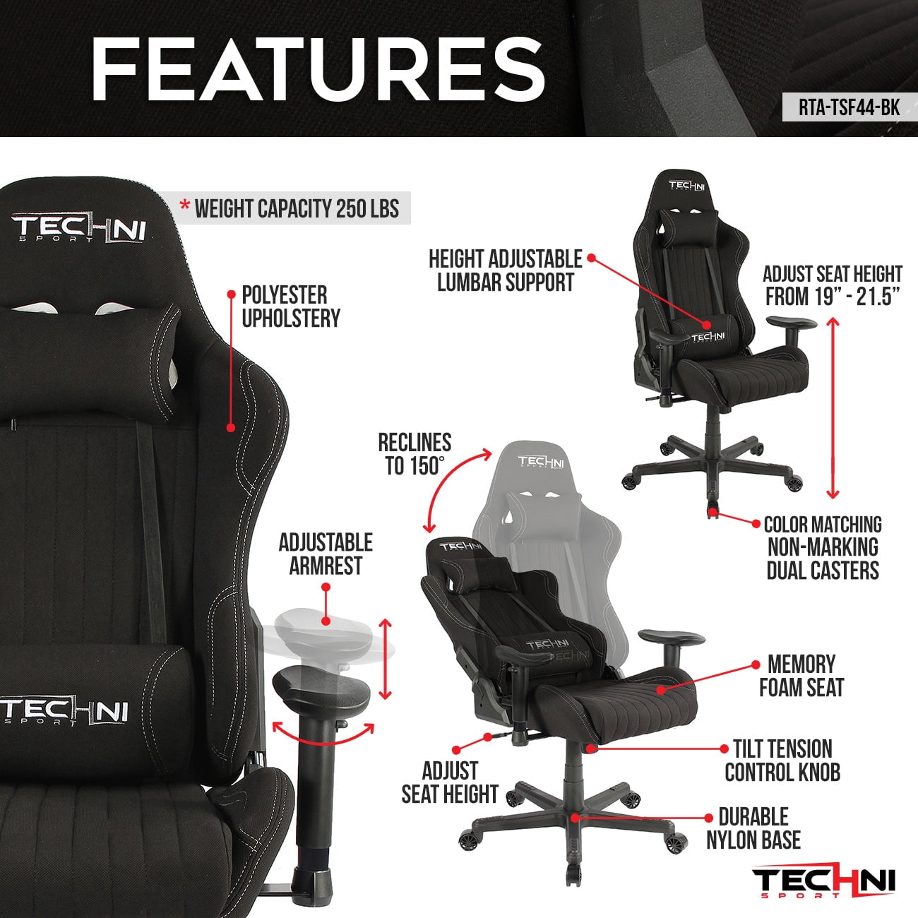 Techni Sport Echo Gaming Chair - Black RTA-TSF44-BK