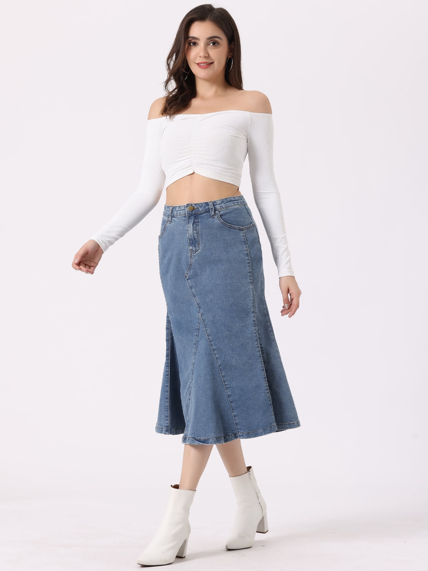 DARING DIVA Women's High Waisted A-Line Flared Midi Denim Skirt XL Blue