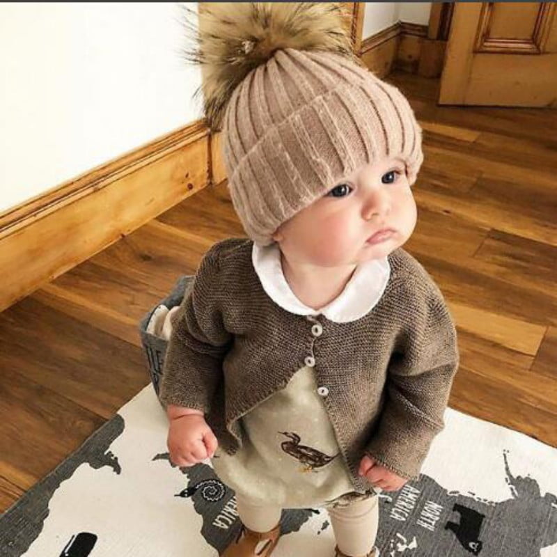 Baby Toddler Kids Faux Fur Pom Pom Hat Bobble Beanie Knitted Winter Boy Girl Cap 