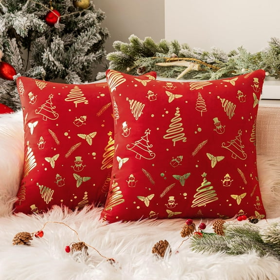 Softalker Christmas Pillow Covers, Velvet Decorative Throw Pillow Cover, Soft Stamping Pillow Cases Set of 2, 18x18 Inch for Home, Couch, Party Decor, Festival, Xmas (Red)