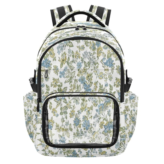 Qxltty Ditsy Soft Blue Bloom Backpack School Bookbag with Clear PVC Front Pocket, Laptop Compartment, Water Resistant Travel Daypack for Students