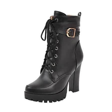 

YUHAOTIN Black High Heels Closed Toe Lace up Autumn and Winter Fashion British Style High Heeled Ankle Boots Round Toe Non Slip Ankle Boots Silver High Heels for Women Wide Feet