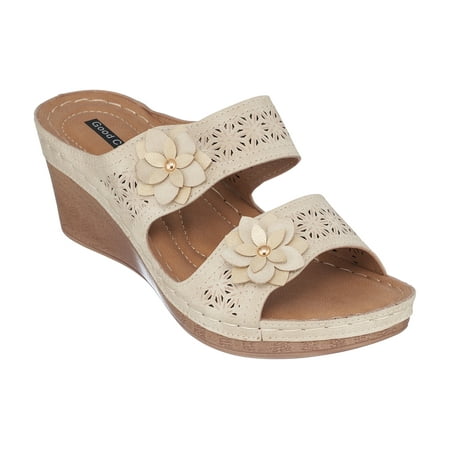 

GC Shoes Womens Open Toe Memory Foam Wedge Sandals Summer Platform Heels Low Heeled Double Strap Slides Cie/Gold/9.5