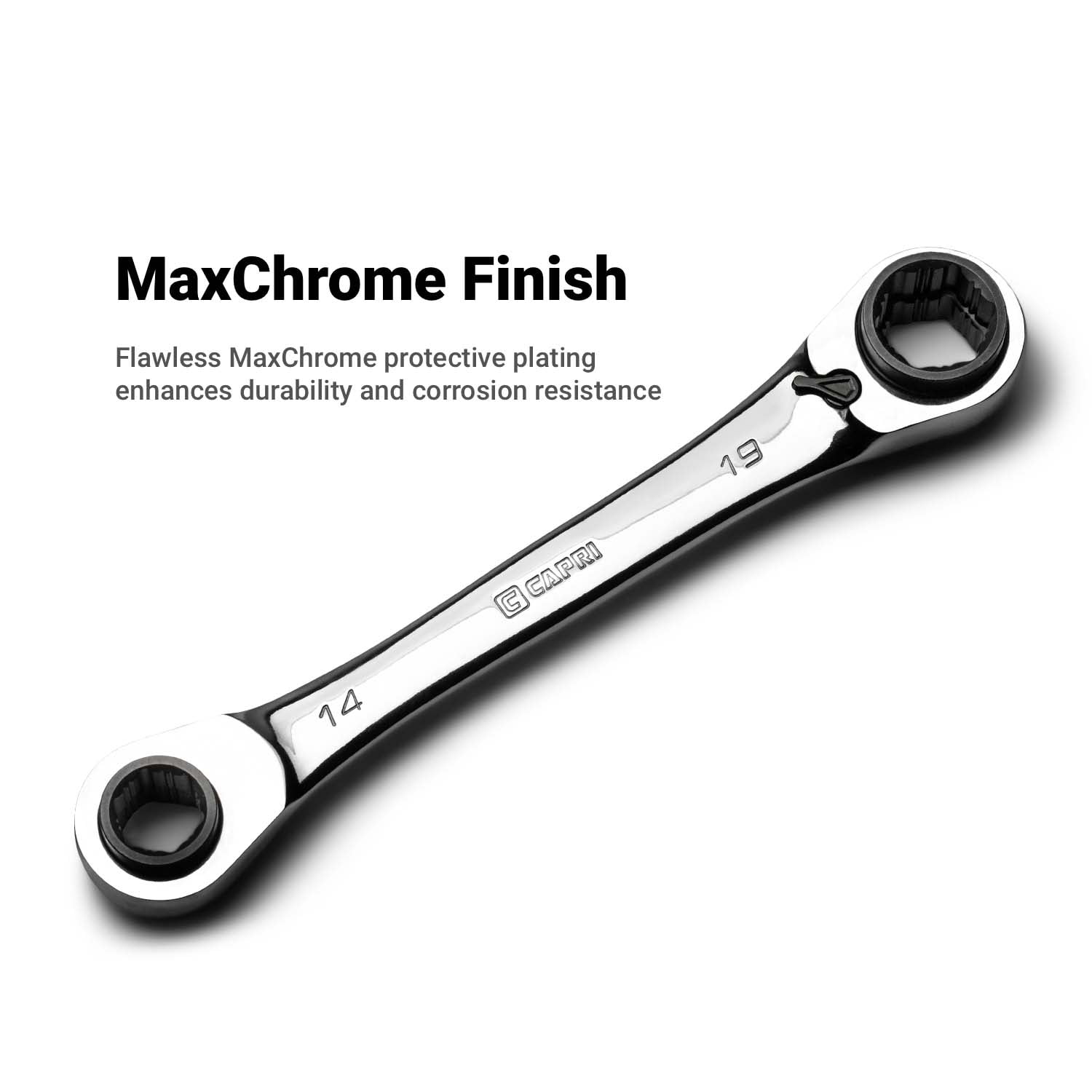 Capri Tools 4-in-1 120-Tooth Box End Reversible Ratcheting Wrench Set, Metric and SAE, 4-Piece with 16 Sizes