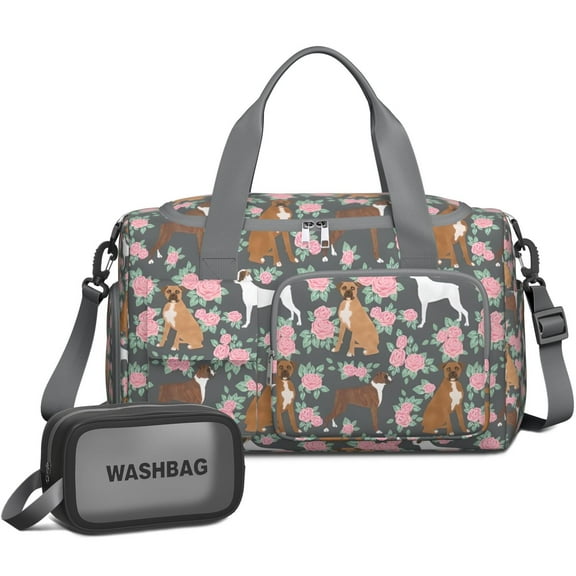 Women Men Gym Bag,Cute Boxer Dog and Flowers Florals Small Duffle Bag Spend the Night Bags for Women with Shoes Compartment Washbag,Detachable Shoulder Strap,19.7x8.3x11 Inches
