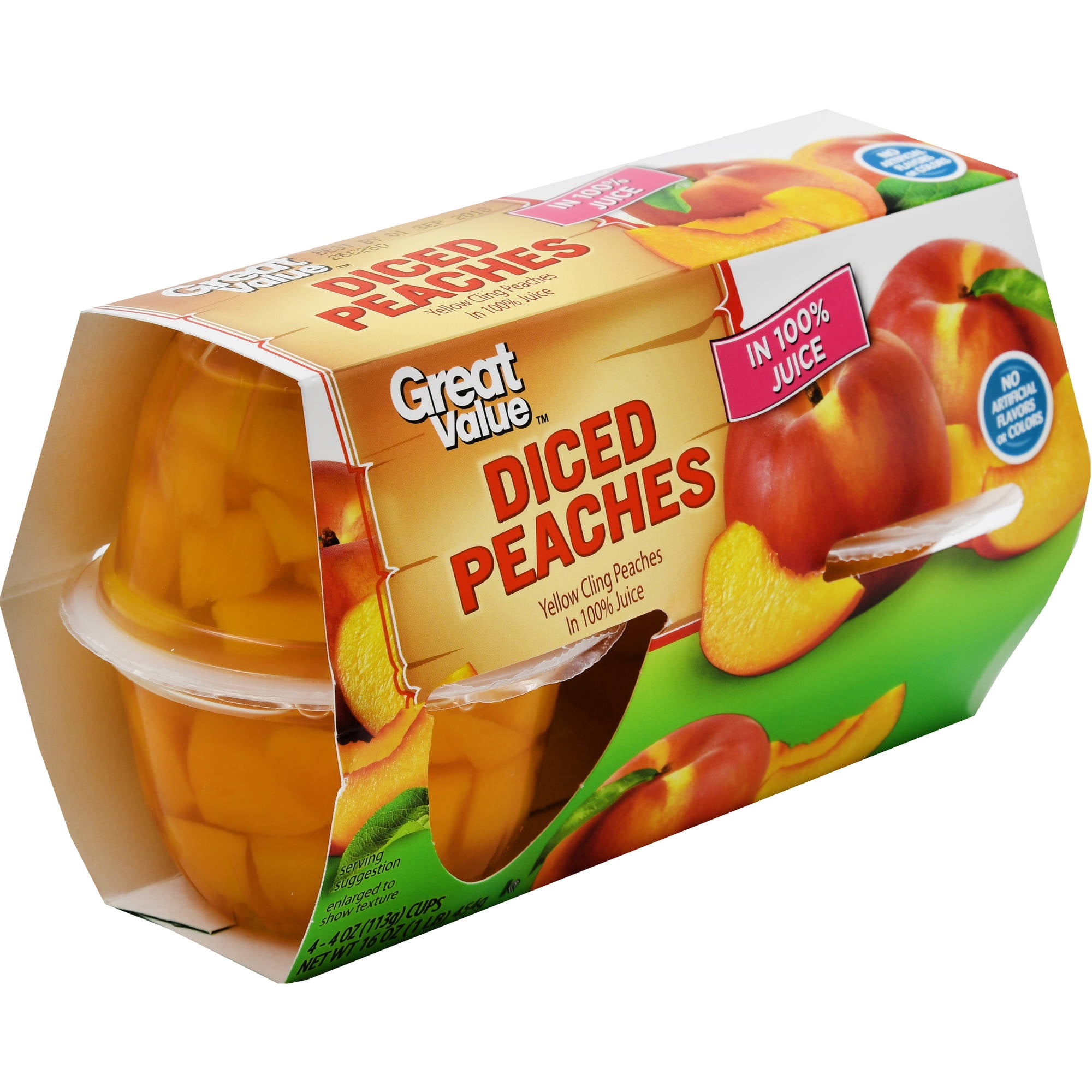 Great Value Diced Peaches in 100 Juice, 4 Pack