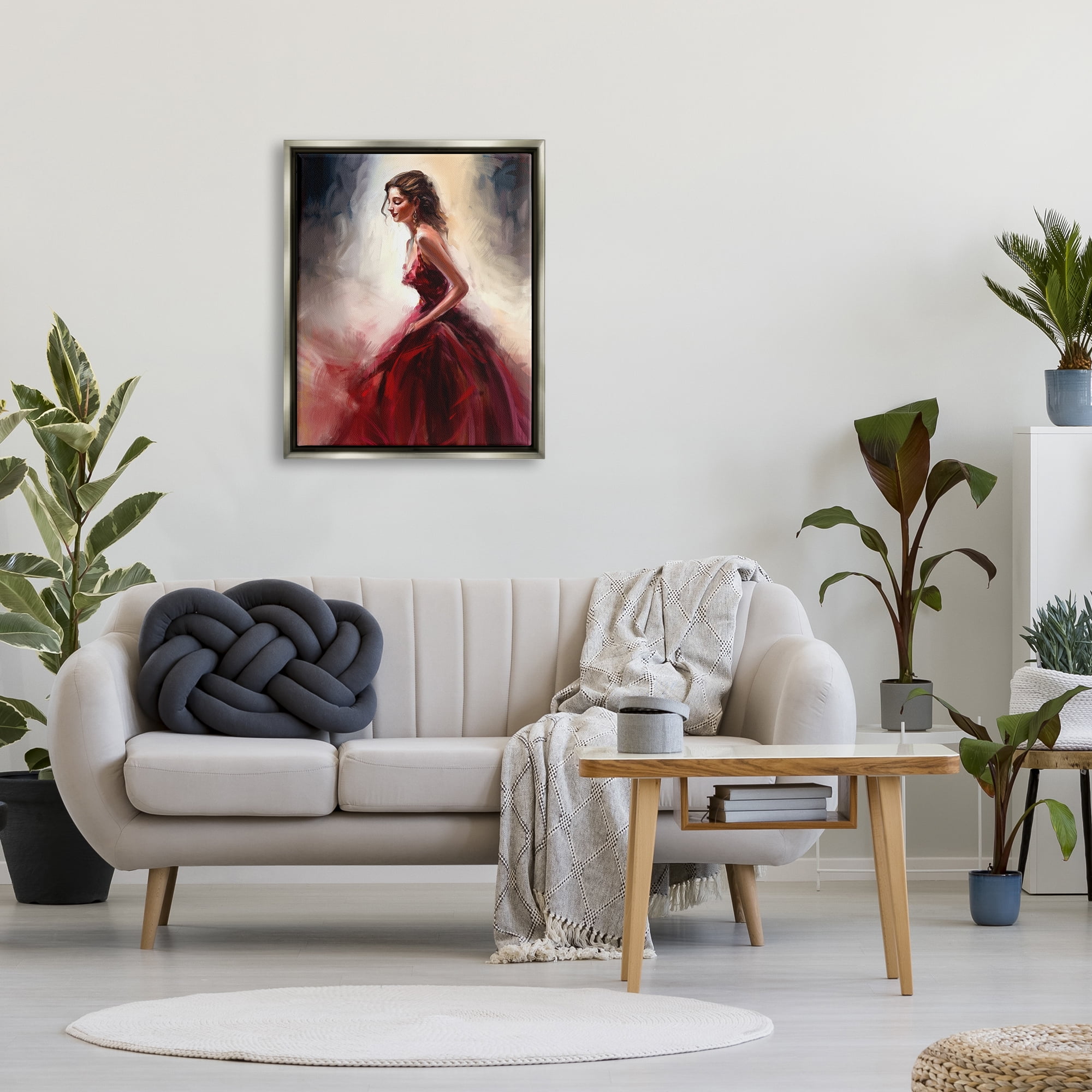 Stupell Industries Elegant Woman Red Dress Beauty & Fashion Painting Gray Floater Framed Art Print Wall Art