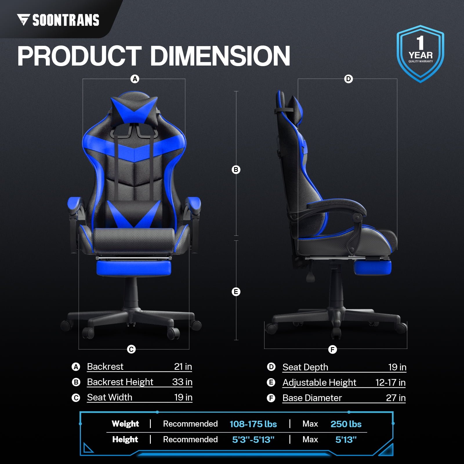 Luxvie Gaming Chair with Footrest High Back Ergonomic Game Chair with Massage Lumbar Pillow and Adjustable Headrest Reclining Gamer Office Chair for Adults, Blue