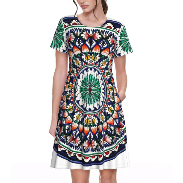 Balery Colorful With Blue Oriental Vestidos sueltos de manga corta para mujer, vestidos de verano 2025, vestidos casuales de corte A con vuelo.