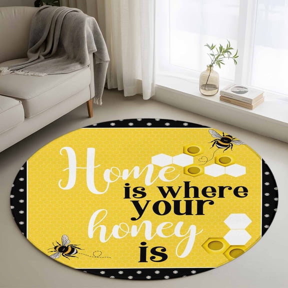 Yellow Bees Round Area Rug 3.3Ft Washable Circle Rugs for Dining Room Table, Spring Summer Watercolor Honey Textured Non-Slip Carpet Floor Mats Indoor Outdoor Carpet Runner Aesthetic Home Decor