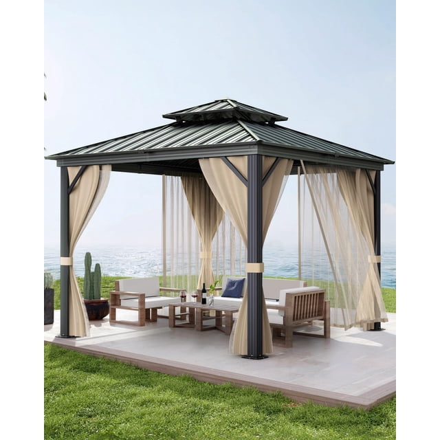 Gazebo à Toit Rigide Toutes Saisons 10 X 10 Pi avec Double Toit en Métal - Cadre Robuste en Alliage d'Aluminium - Rideaux et Moustiquaire Inclus - Pavillon Extérieur Permanent pour Patio, Terrasse, Cour Arrière, Pelouse, Jardin