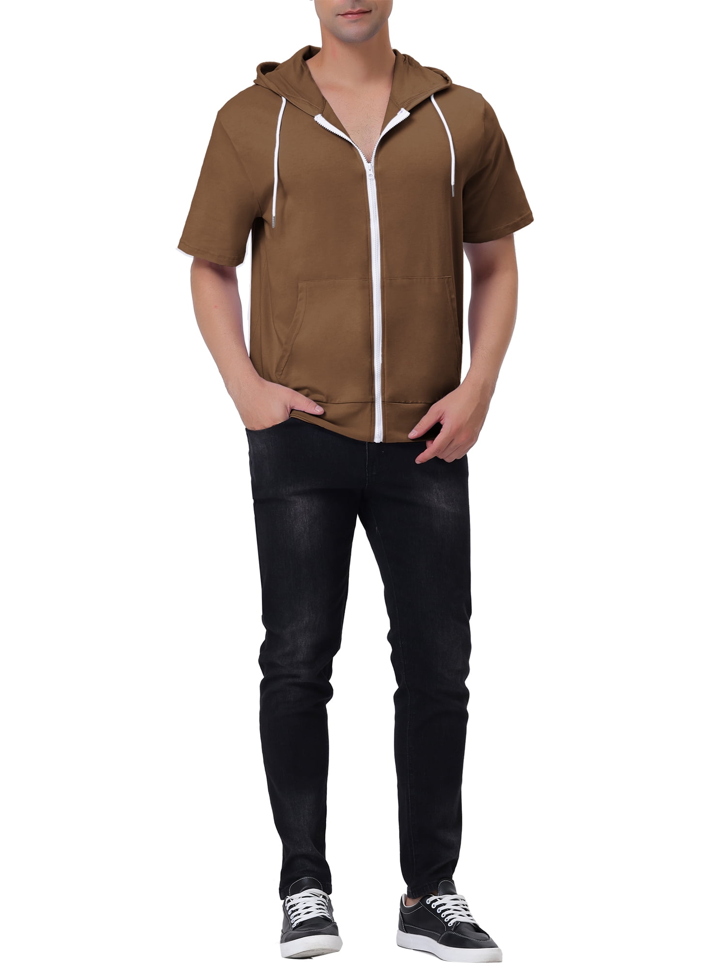 Unique Bargains Men's Short Sleeve Solid Color Zip Up Sport Hoodies L Brown