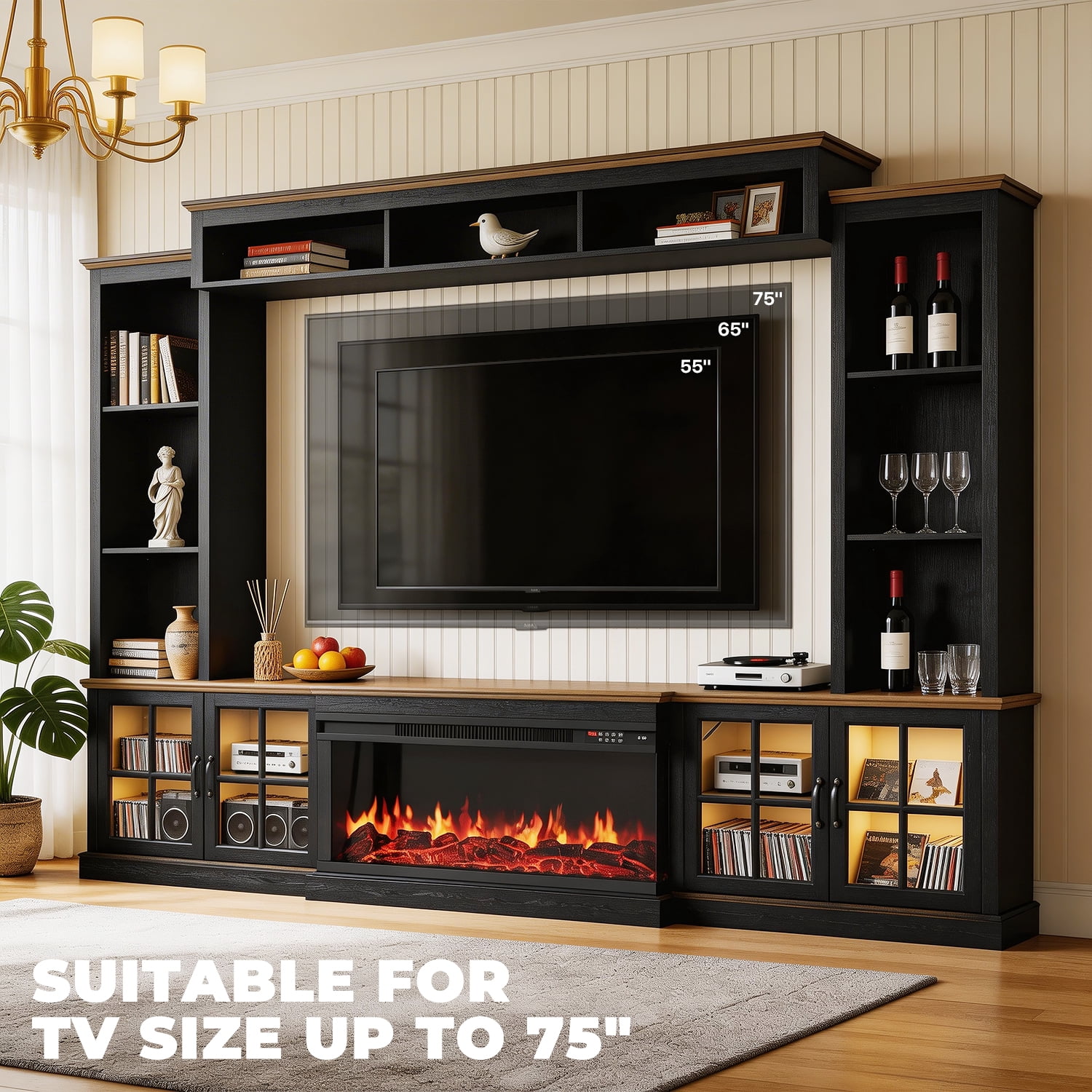 BaPiPro 98" Farmhouse TV Stand with Fireplace, Bookshelf, Entertainment Center for 75" TVs with Storage, Large Wall Unit Media Console for Living Room, Black